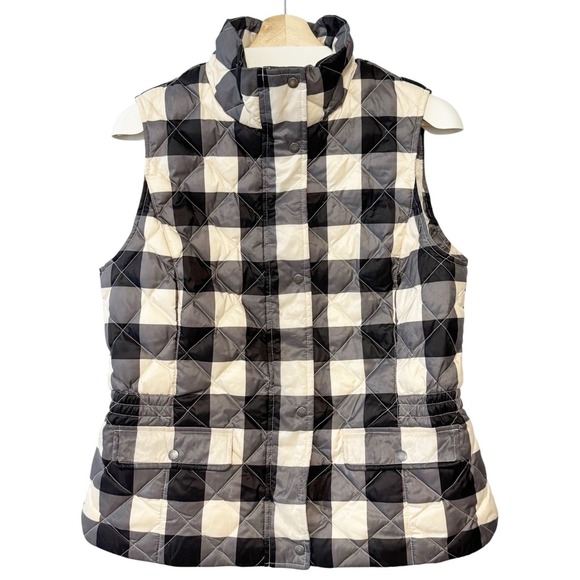 Talbots Womens Vest Black Plaid Ivory Quilted Down Lightweight Puffer Jacket M - Picture 1 of 9